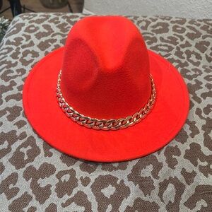 Stylish Candy Apple Red Fedora with Removable Gold Chain Accent